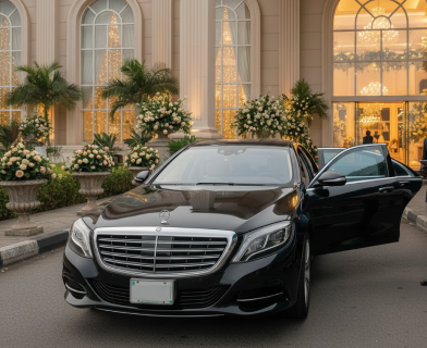 Chauffeured saloon car waiting outside a decorated venue