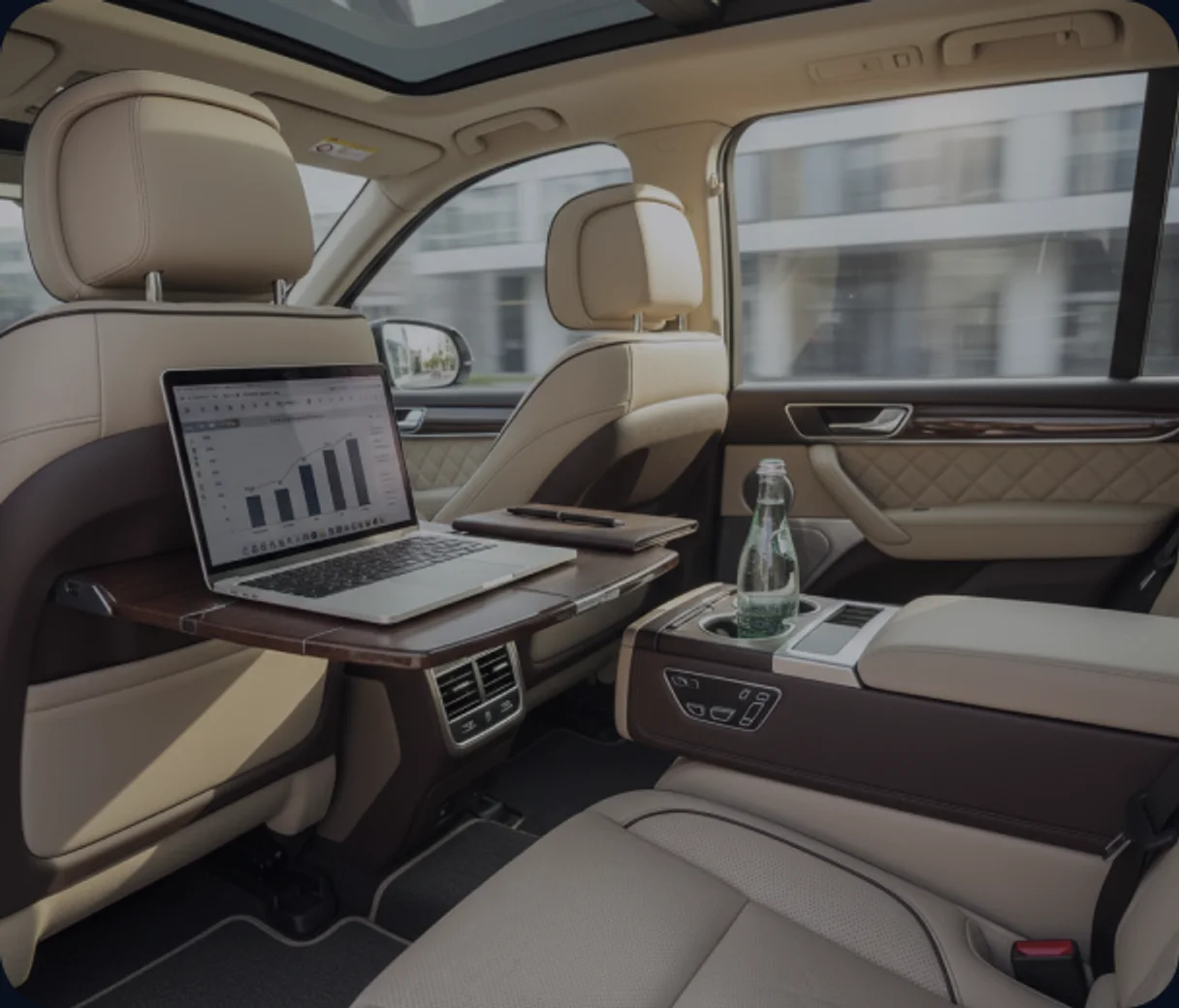 Laptop set up on a folding table in a chauffeured car's rear cabin