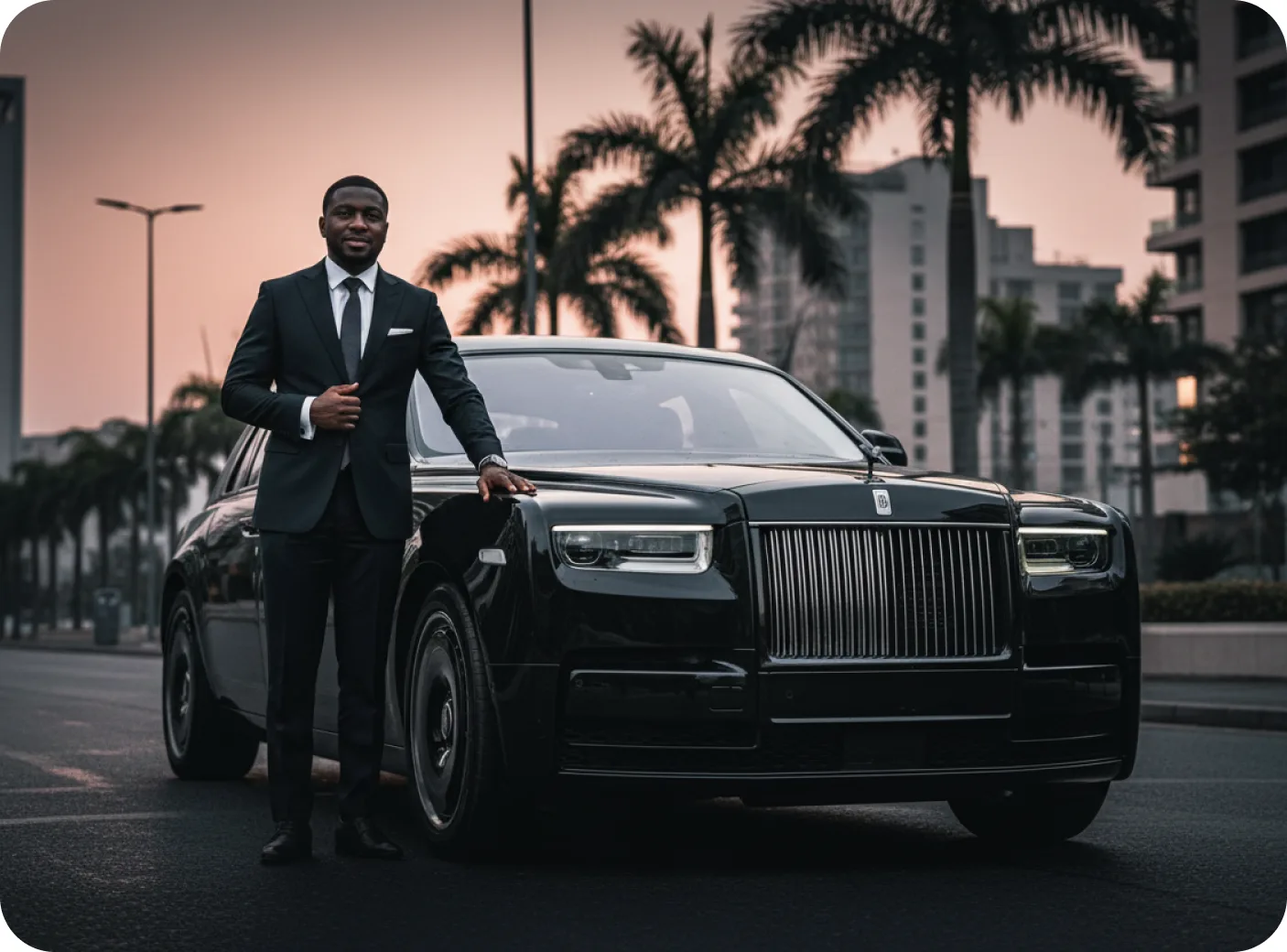 Chauffeur in a suit standing beside a black luxury saloon at dusk